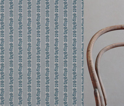 Blue Floral Stripe Linen Curtain Fabric - Skye Blue Stone - Natural base fabric.
