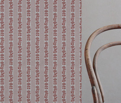 Red Floral Stripe Linen Curtain Fabric - Skye Crimson Red - Natural base fabric.