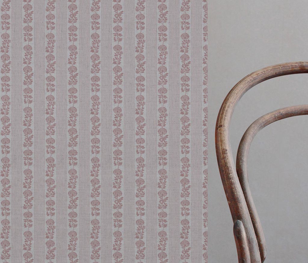Pink Floral Stripe Linen Curtain Fabric - Skye Dusty Pink - Natural base fabric.