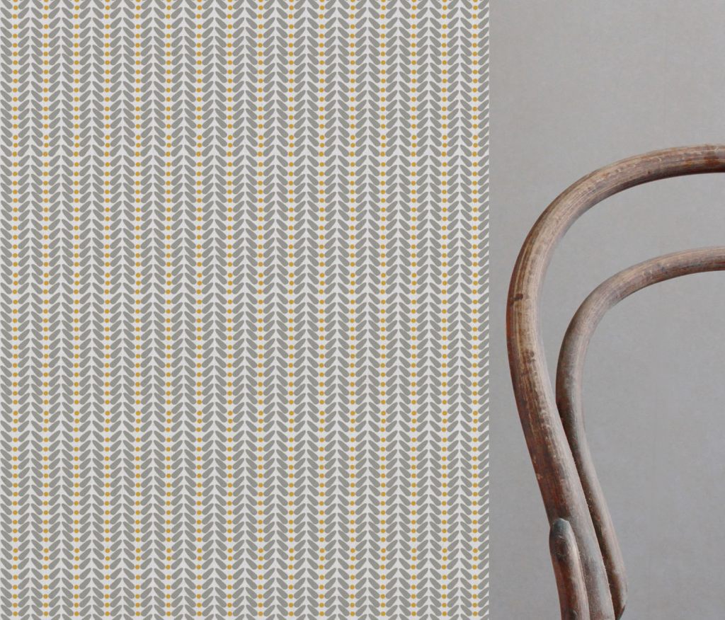 Hilda Mustard - White Linen fabric printed with Mustard Yellow and Grey