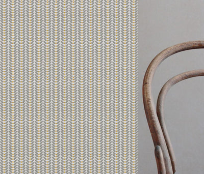 Hilda Mustard - White Linen fabric printed with Mustard Yellow and Grey
