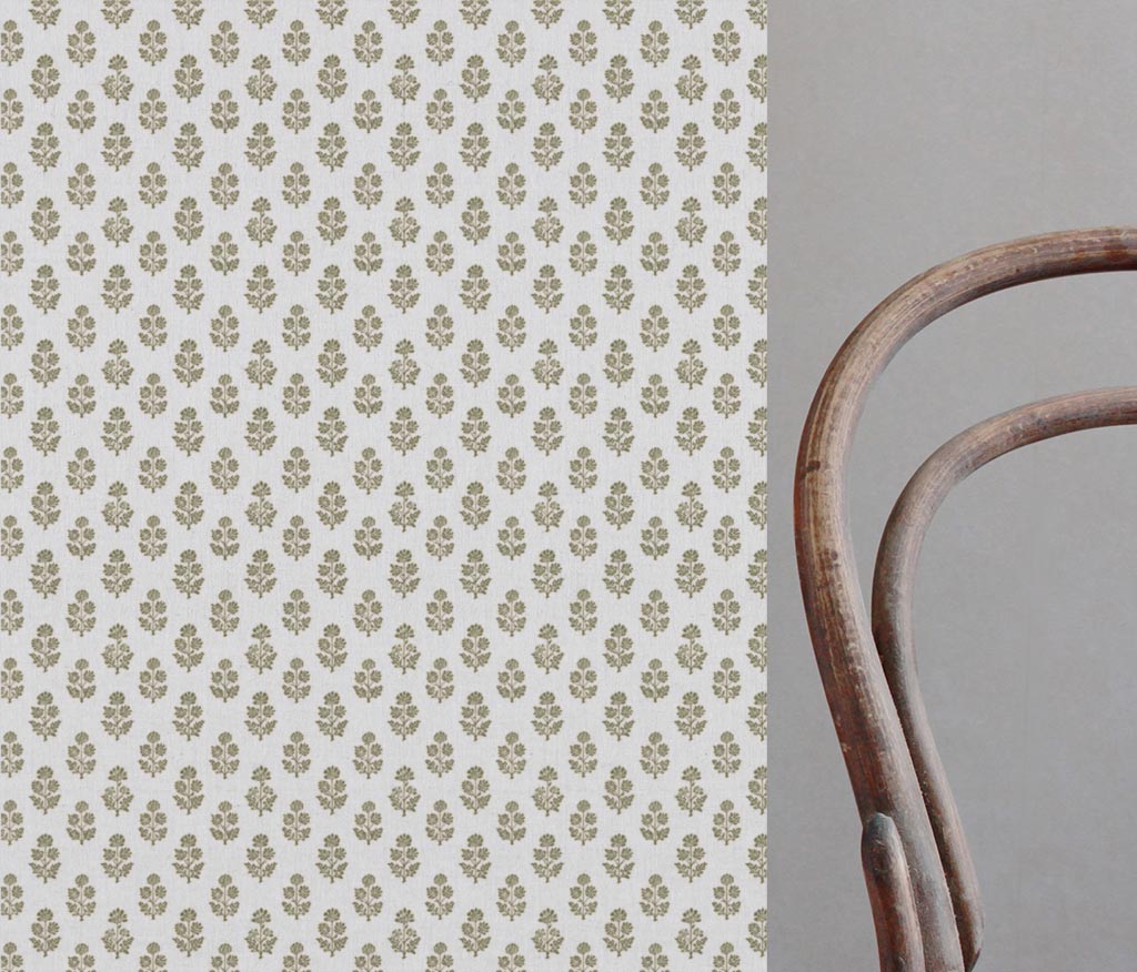 Green Floral Linen Curtain Fabric - Doris Moss-WHT - White base fabric.