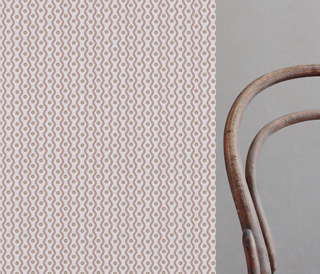 Pink Abstract Linen Curtain Fabric - Kirabe Peony-WHT - White base fabric.