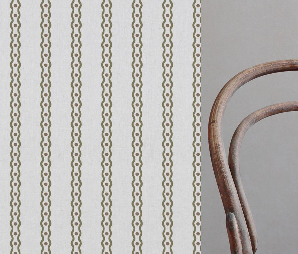 Green Abstract Striped Linen Curtain Fabric - Margarie Moss-WHT - White base fabric.