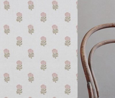 Pink Floral Linen Curtain Fabric - Pearlie Peony-WHT - White base fabric.