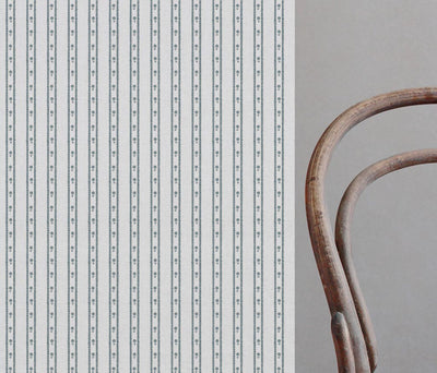 Blue Floral Stripe Linen Curtain Fabric - Silvian Paris Blue-WHT - White base fabric.