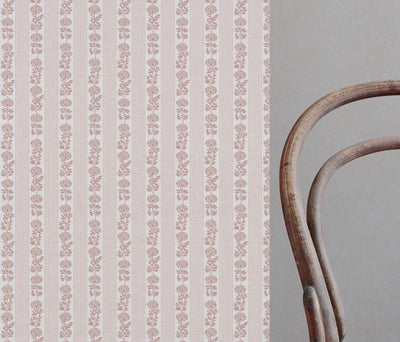 Pink Floral Stripe Linen Curtain Fabric - Skye Peony-WHT - White base fabric.