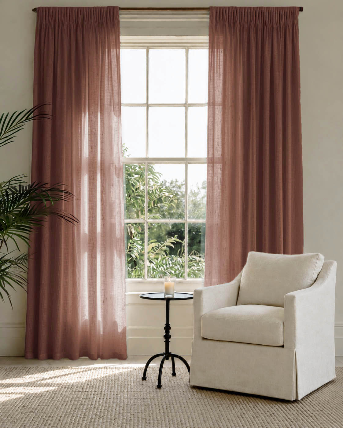 Made To Measure Curtains in Linen Fabric. Semi Sheer Curtains in pure Saffron Red linen