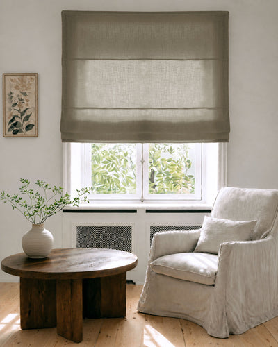 Made To Measure Roman Blinds in Linen Fabric. Semi Sheer Curtains in pure Moss Green linen