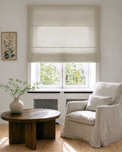 Made To Measure Roman Blinds in Linen Fabric. Semi Sheer Curtains in pure linen Oatmeal fabric