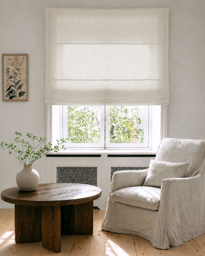 Made To Measure Roman Blinds in Linen Fabric. Semi Sheer Curtains in pure Off White linen