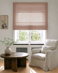 Made To Measure Roman Blinds in Linen Fabric. Semi Sheer Curtains in pure Tea Rose PInk linen. 