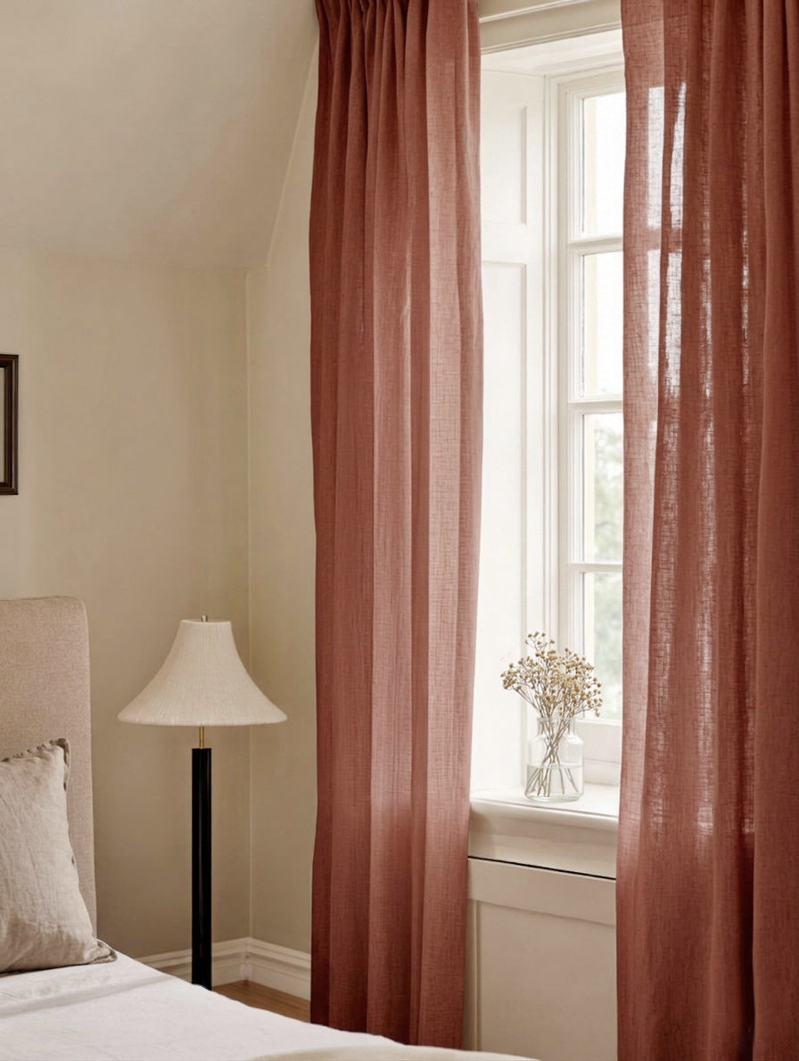 Made to Measure Voile Linen Curtains. Semi Sheer Linen Material Curtains in Safron Red 