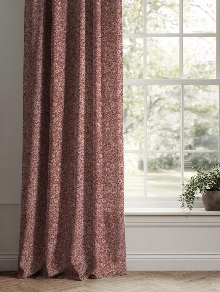 Red Floral Linen Curtain - Cheye Crimson Red - Natural base fabric.