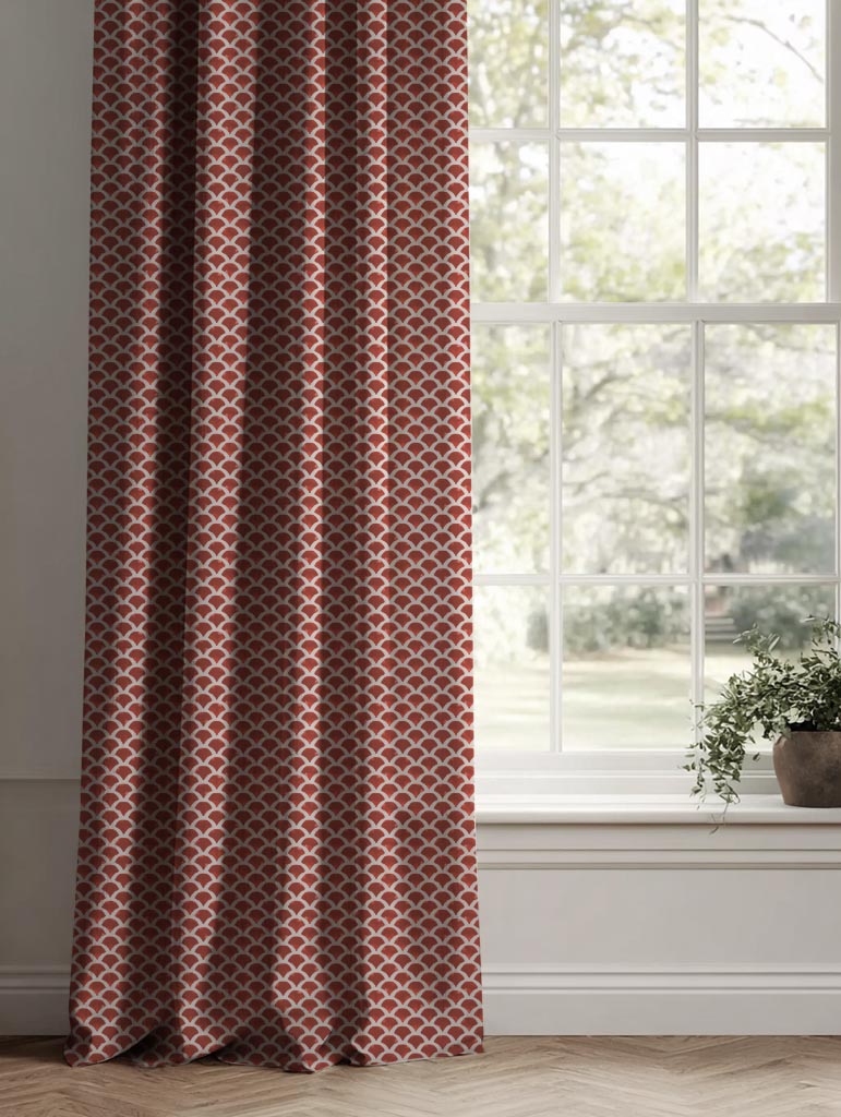 Red Patterned Linen Curtain - Erle Crimson Red - Natural base fabric.