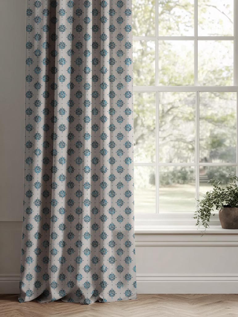 Blue Abstract Floral Linen Curtain - Lany Blue Stone - Natural base fabric.