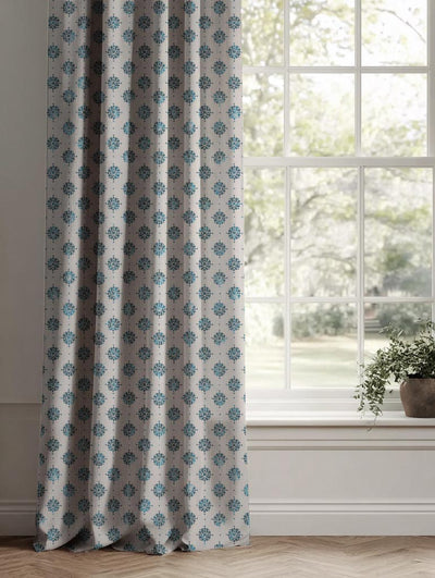 Blue Abstract Floral Linen Curtain - Lany Blue Stone - Natural base fabric.