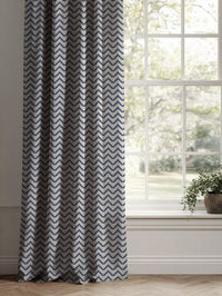 Blue Patterned Linen Curtains - Azig NightBlue - Natural base fabric.
