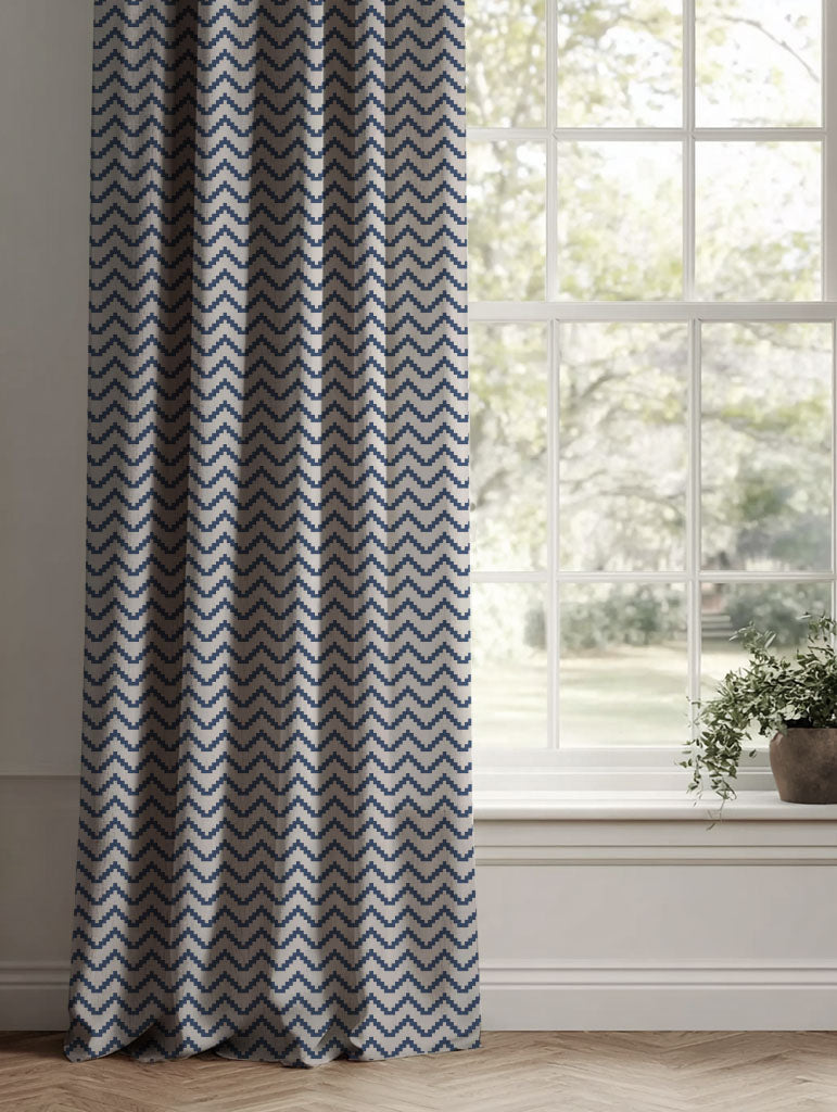 Blue Patterned Linen Curtains - Azig NightBlue - Natural base fabric.