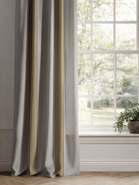 Yellow Striped Linen Curtains - Bella Gold Rod - Natural base fabric.