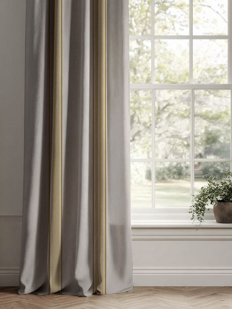 Yellow Striped Linen Curtains - Bella Gold Rod - Natural base fabric.