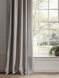 Blue Striped Linen Curtains - Berit-NAT Night Blue - Natural base fabric.
