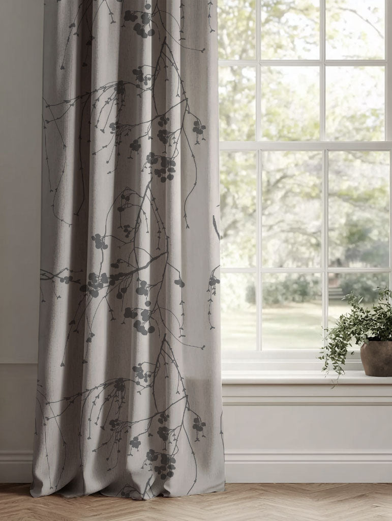 Grey Botanical Linen Curtains - Berry Ash - Natural base fabric.