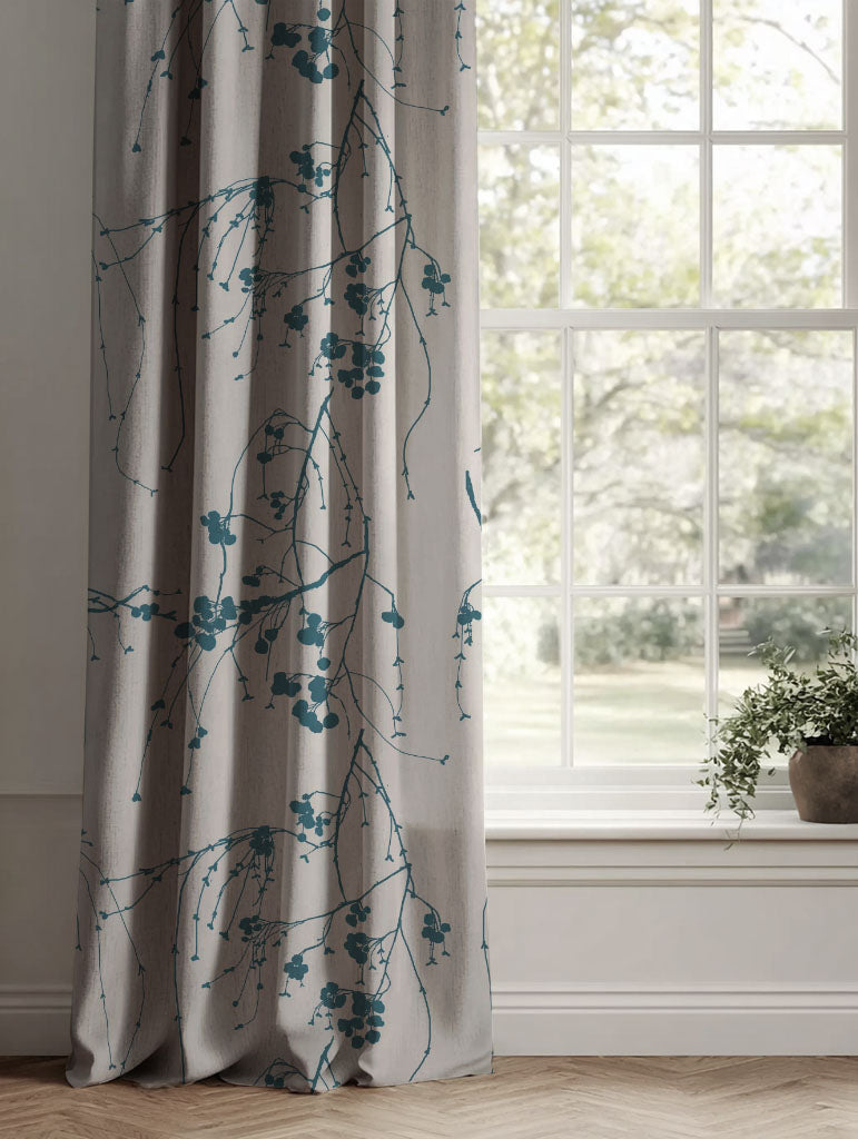 Blue Botanical Linen Curtains - Berry Blue Stone - Natural base fabric.