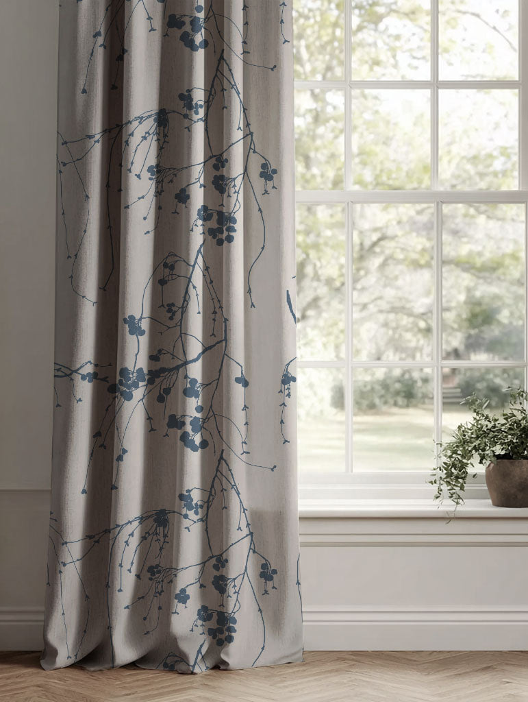 Blue Botanical Linen Curtains - Berry Denim - Natural base fabric.