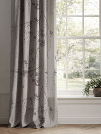 Purple Botanical Linen Curtains - Berry Powder Plum - Natural base fabric.