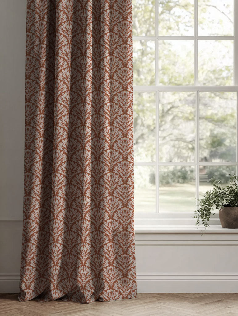 Orange Botanical Linen Curtains - Birna Terracotta - Natural base fabric.