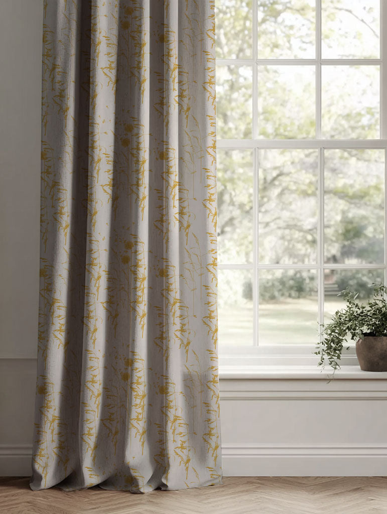 Yellow Botanical Linen Curtains - Breeze Mustard - Natural base fabric.