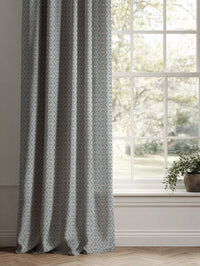 Blue Patterned Linen Curtains - Brita Sky - Natural base fabric.