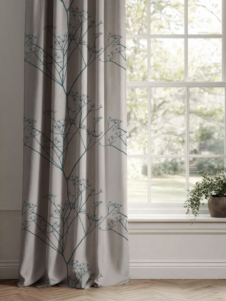 Blue Floral Linen Curtains - Chervil Blue Stone - Natural base fabric.