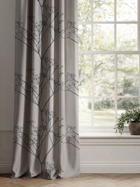 Blue Floral Linen Curtains - Chervil Deep Blue - Natural base fabric.