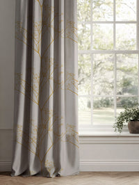 Yellow Floral Linen Curtains - Chervil Mustard - Natural base fabric.