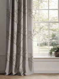 Green Floral Linen Curtains - Chervil Sea Weed - Natural base fabric.
