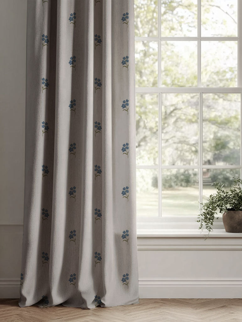 Blue Floral Linen Curtains - Cree Denim - Natural base fabric.