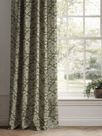 Green Floral Linen Curtains - Dagmar-INV Khaki - Natural base fabric.