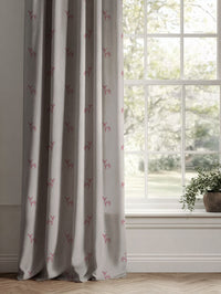 Red Patterned Linen Curtains - Deer Cherry - Natural base fabric.