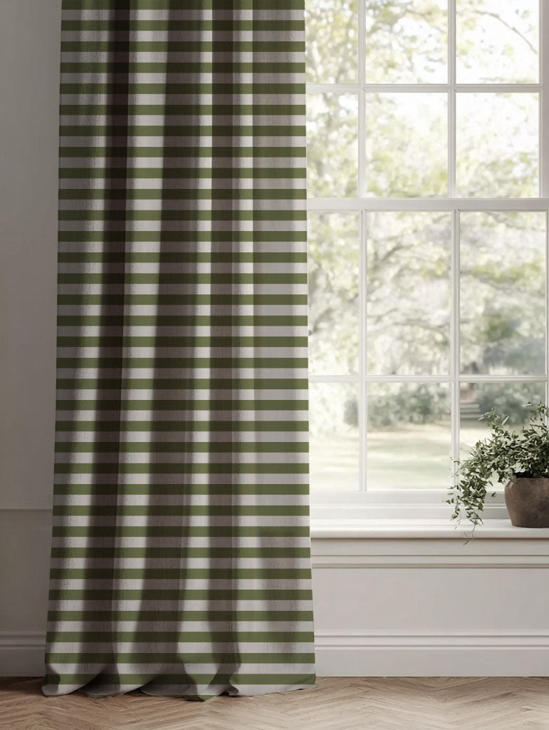 Green Striped Linen Curtains - Della Khaki - Natural base fabric.