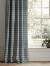 Blue Patterned Linen Curtains - Egenia Blue Stone - Natural base fabric.