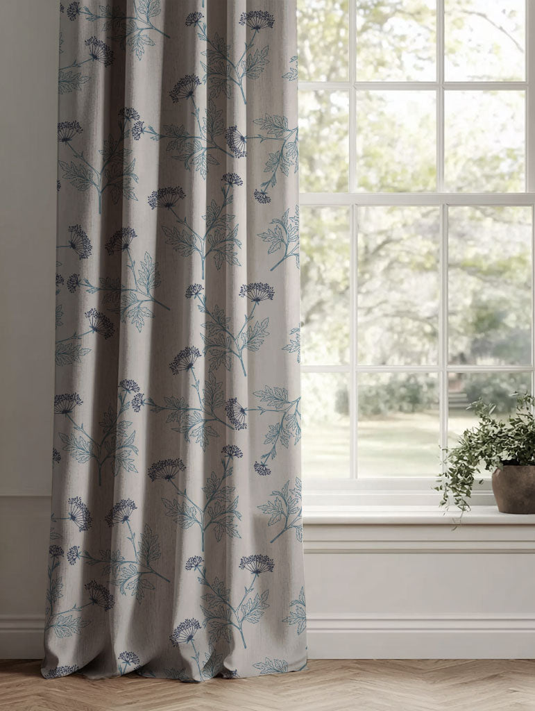 Blue Botanical Linen Curtains - Emmy True Blue - Natural base fabric.