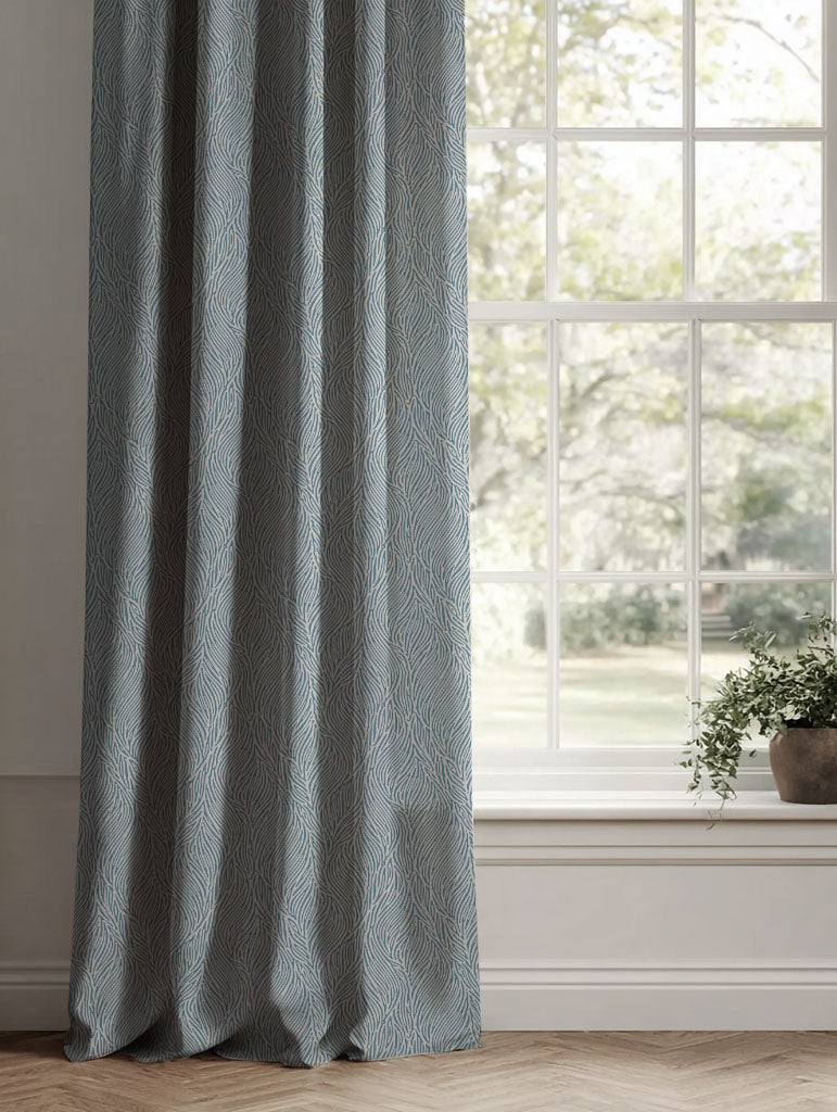 Blue Botanical Linen Curtains - Erica True Blue - Natural base fabric.
