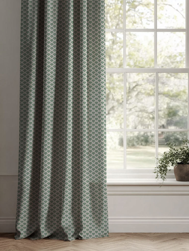 Green Patterned Linen Curtains - Erle Jade Mist - Natural base fabric.