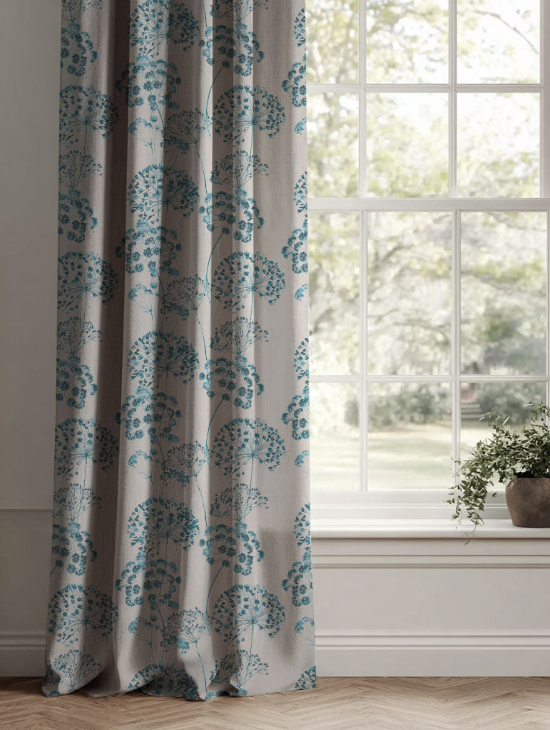 Blue Floral Linen Curtains - Erleen Nat Blue Stone - Natural base fabric.