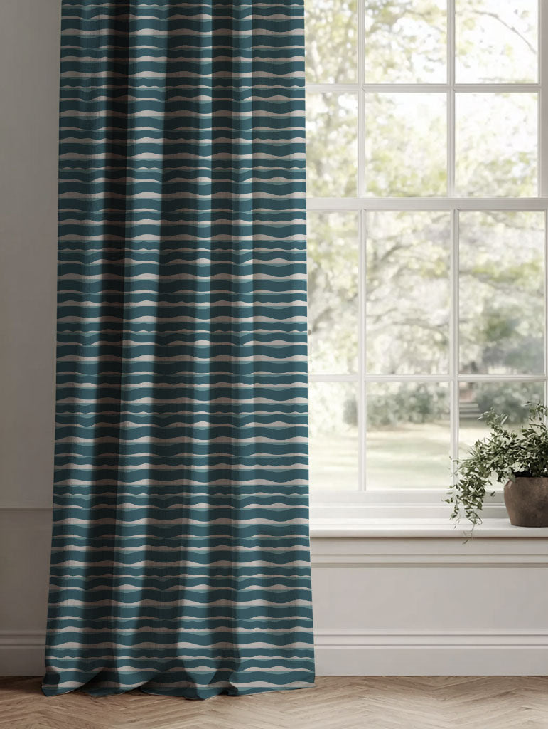 Blue Patterned Linen Curtains - Fransibella Blue Stone-NAT - Natural base fabric.
