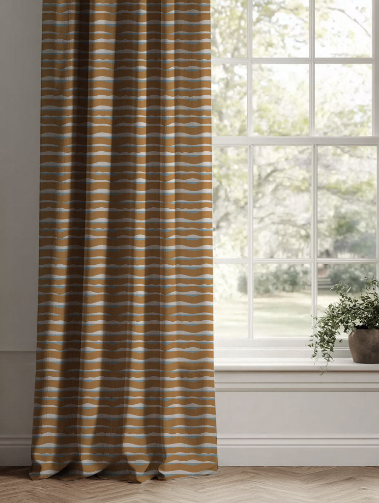 Orange / Yellow Patterned Linen Curtains - Fransibella Ochre-NAT - Natural base fabric.
