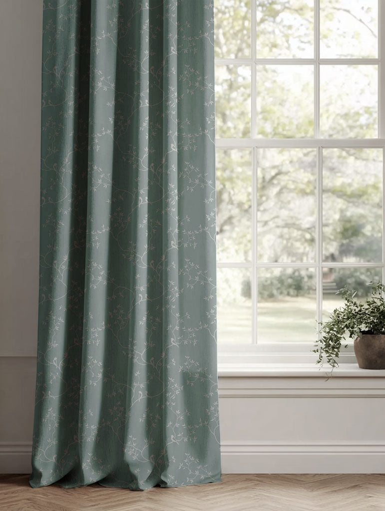 Blue Botanical Linen Curtains - Goldfinch INV-Duck egg - Natural base fabric.
