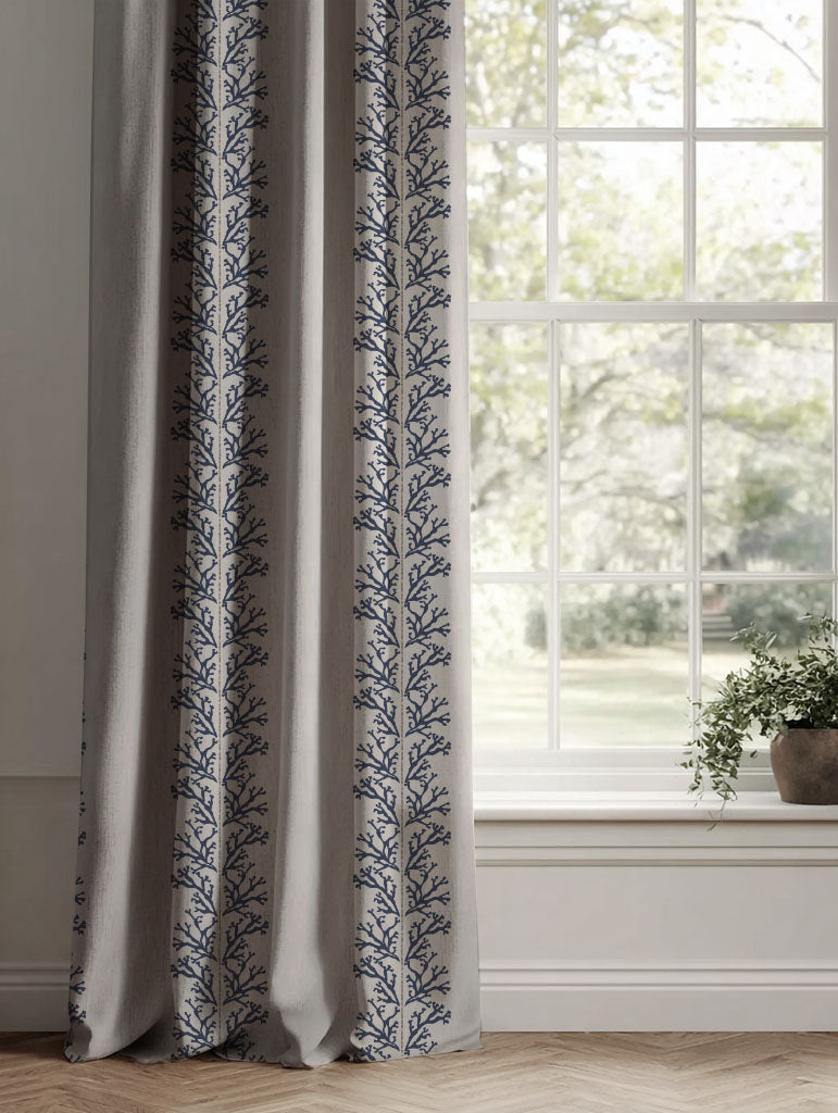 Blue Patterned Linen Curtains - Hensley Deep Blue - Natural base fabric.